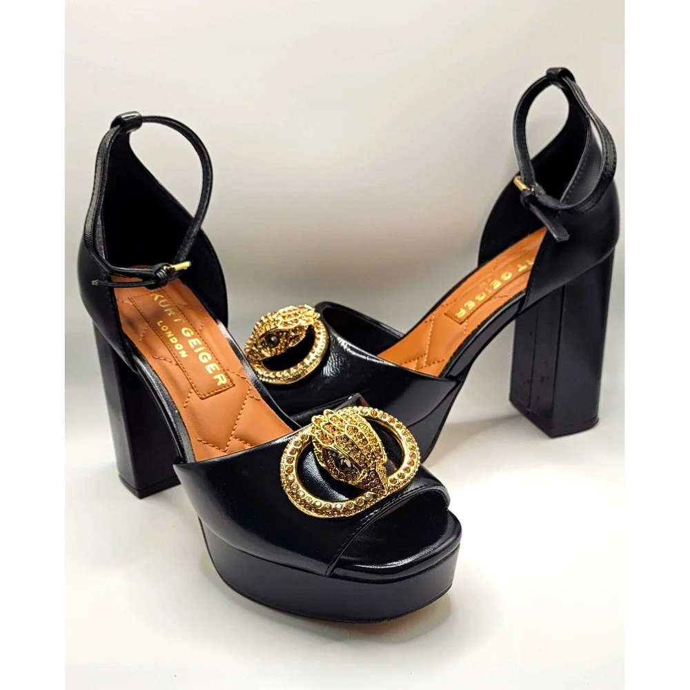 Kurt Geiger London Black Leather Platform Ankle Strap Rhinestone Sandals 37
